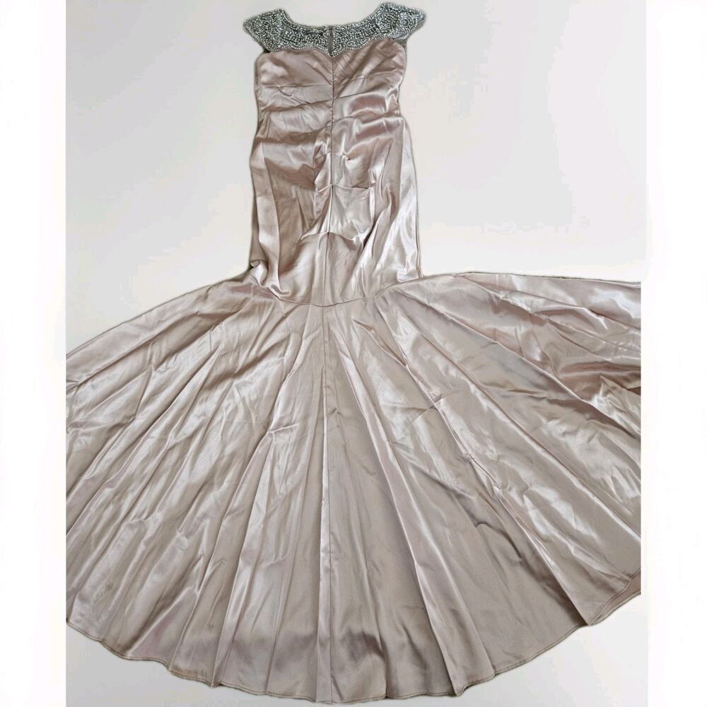 XSCAPE Blush Satin Mermaid Gown with Beaded Neckline – Size 10